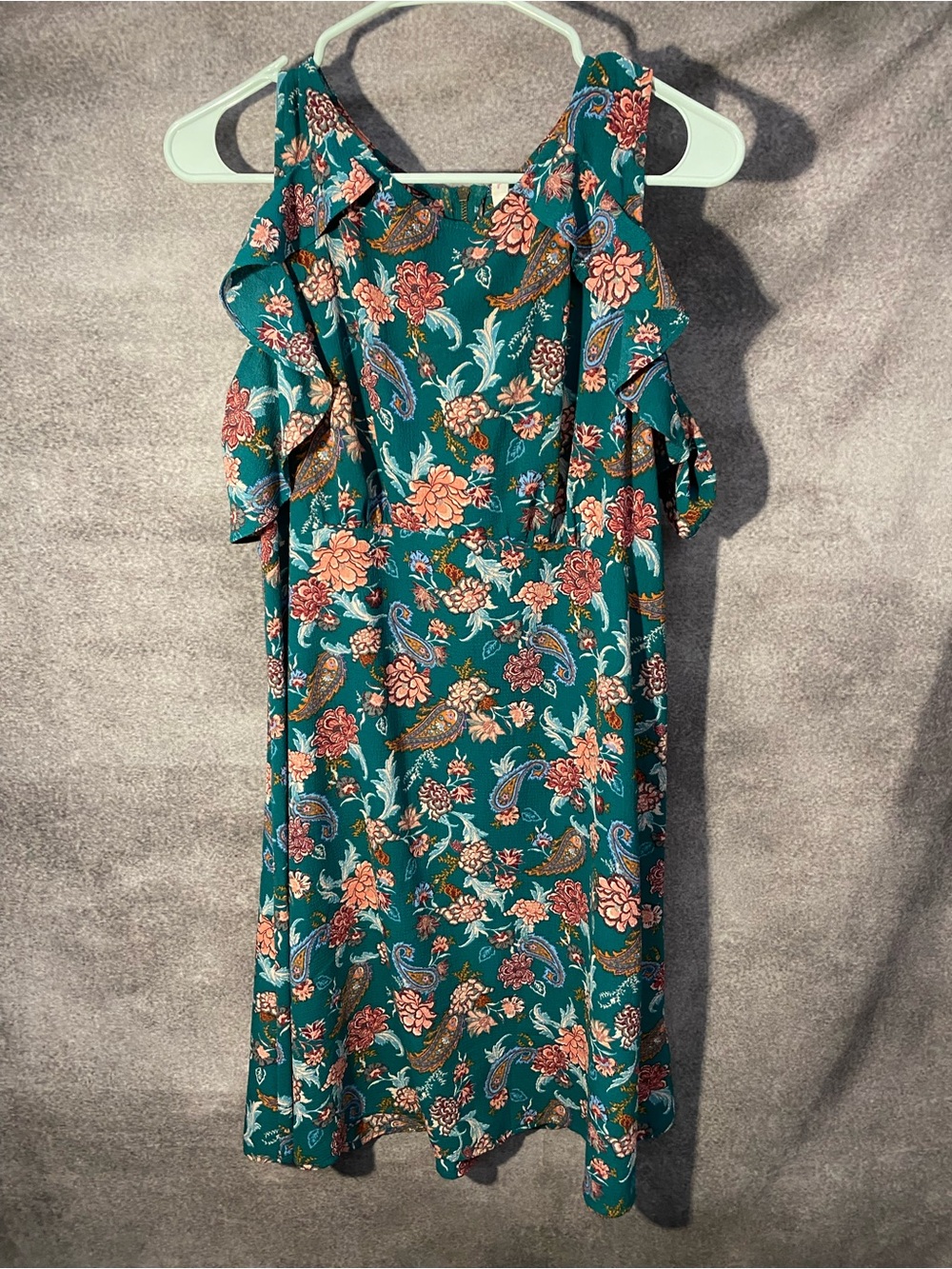 Xhilaration Dress Womens Large Green Paisley Floral Cold Shoulder Ruffle Mini L⁠